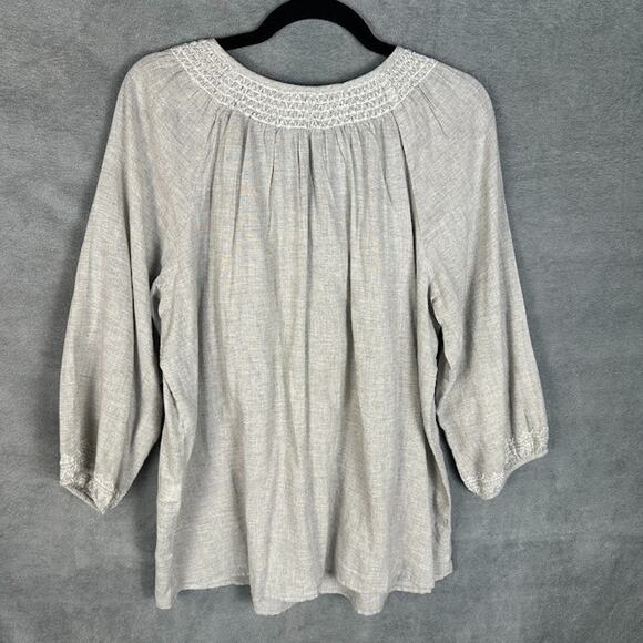 J Jill Top Womens Large Gray Embroidered Smocked 3/4 Length Sleeve Boho Preppy - Picture 7 of 14